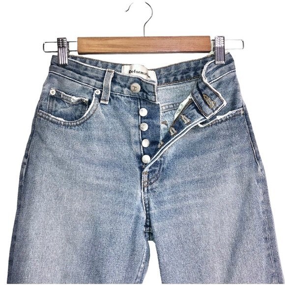 Reformation French Skinny Distressed Baltic Wash High Rise Denim Jeans - Picture 6 of 10